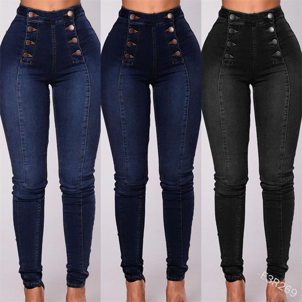 

jeans trend double breasted slim elastic pants, Blue