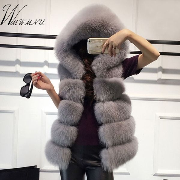 

spring new hoodies fake fur vest women fashion warm slim sleeveless waistcoat fur gilet big size 4xl faux fox fur overcoat 201110, Black