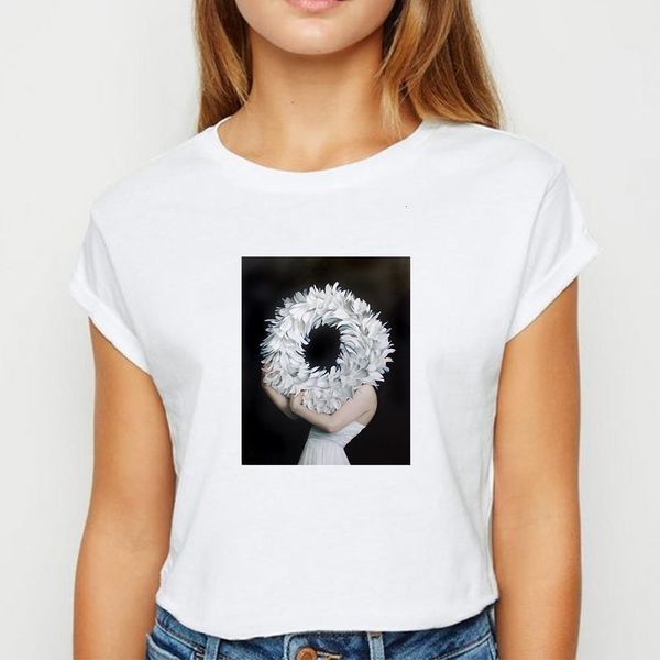 

new t-shirt female feather flower girl tshirt spring summer tee shirt beautiful printing design round neck t-shirts, White
