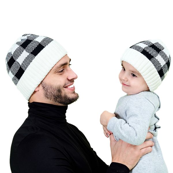 

parent-child beanie 8 colors winter warm kids knitted caps outdoor sports beanies plaid wool hats festive party hats y4, Blue;gray