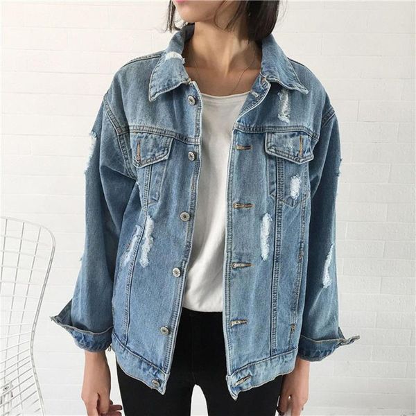 

women's loose bf style retro denim jacket motorcycle punk ripped hole coat female autumn fashion 2020 outwear plus size 3xl, Black;brown