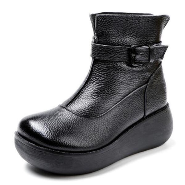 

Thick Bottom Increase Wedges High Heeled Boots First Layer of Cowhide Leather Shoes Female Autumn Winter Boots Warm Snow, Black