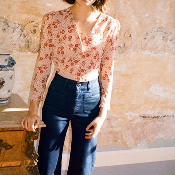 

summer slim elegant blouse shirt women 2019 retro long-sleeved v-neck floral print elegant small blouse shirt women1, White
