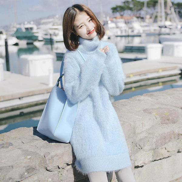 

women's sweaters 2021 autumn winter turtleneck sweater women soft milk blue mink velvet pullover loose knitted dress m589, White;black
