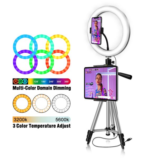 10 '' RGB LED Ring Light com Tripé Suporte Telefone Telefone para Selfie Photo Youtube Tiktok Video Streamming Colorido LED Lâmpada