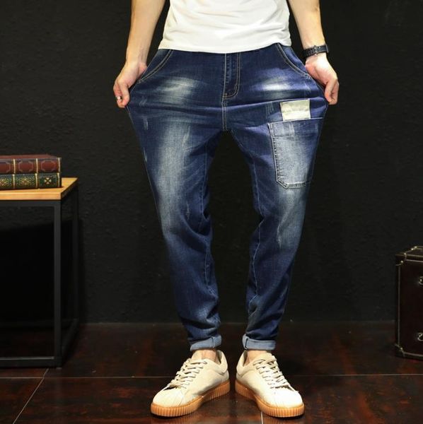 

men's patchwork harlan jeans tide mens bottoms harem trousers autumn winter elastic denim pants cowboy loose mens clothing, Blue