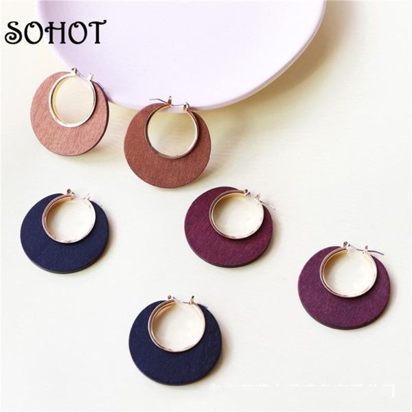 

hoop & huggie so minimalist style natural wooden hollow women earrings chic colorful trendy circle charming female jewelry brincos, Golden;silver