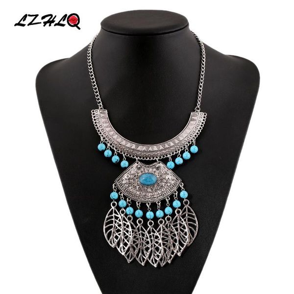 

chains lzhlq maxi vintage hollow leaf tassel necklace geometric metal trendy resin beads for women 2021 fashion brand jewelry, Silver