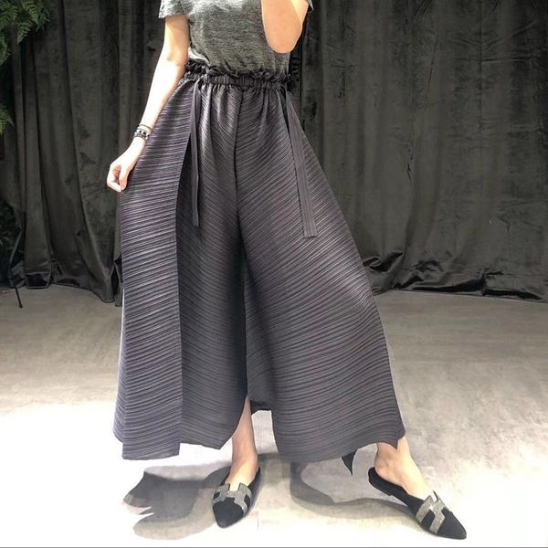 

lanmrem pleated straight pants for famale autumn new large size elastic waist pleated wide leg pants women yj444 201031, Black;white