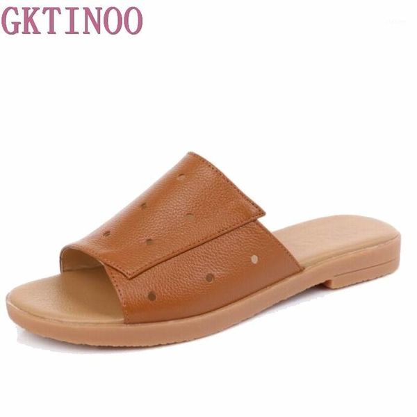 

gktinoo women slippers summer 2020 casual genuine leather shoes woman solid cut out women flats plus size 35-431, Black