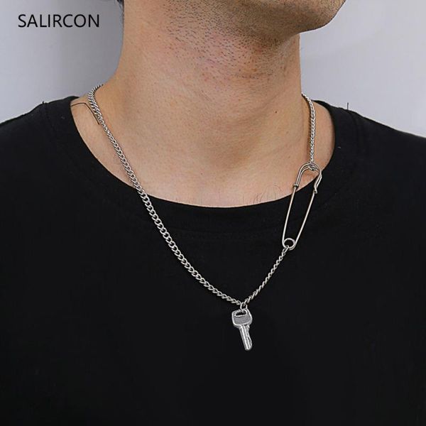 

salircon steampunk key pendant long necklace single layer chain goth safety pins chunky choker necklace women men couple jewelry, Silver