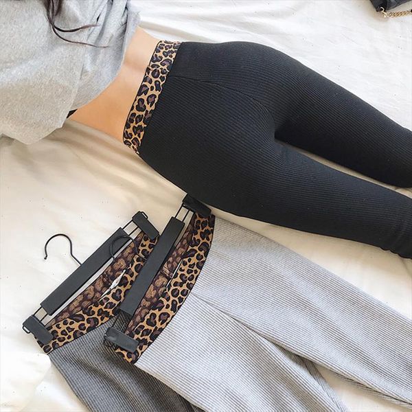 

fashion leopard patchwork leggings knit cotton lady street spring autumn elastic fitness slim pants plus size workout pants, Black
