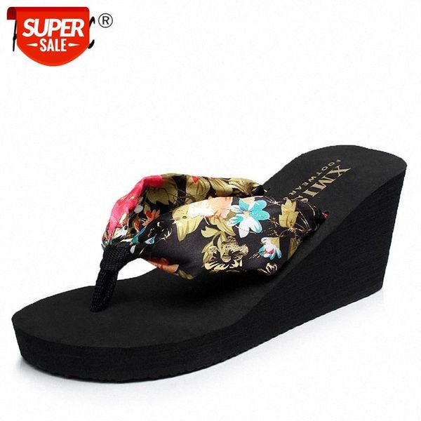 

5 cm high heel women wedge flower slipper bohomia flip flop print outside slippers women outdoor fashion sandals beach shoes #fa3d, Black