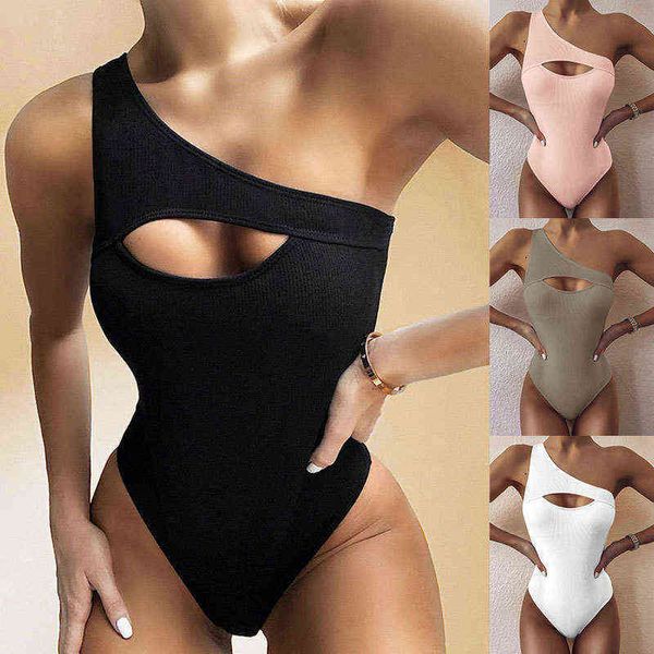 2022 Yeni Dış Ticaret Avrupa ve Amerikan Seksi Bikini Katı Renk Bir Omuz Mayo Kadın Bikini Özel Kumaş Bodysuits Slim Fit 220106