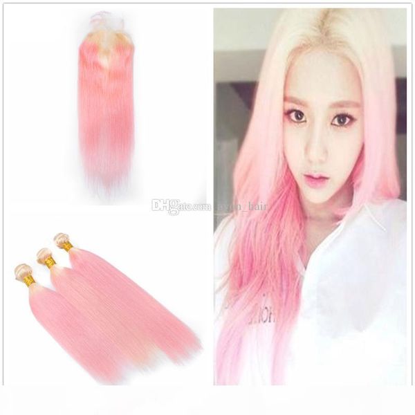 

blonde 613 and pink human hair 3bundles with lace closure silky straight brazilian hair extension with closure 4x4, Black;brown