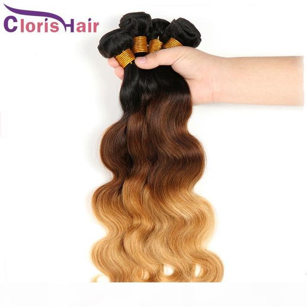 

outlet honey blonde ombre extensions malaysian virgin body wave human hair bundles wavy three tone 1b 4 27 colored weaves deals, Black