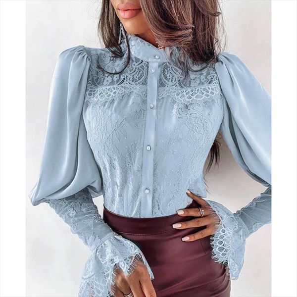 

женщины осень весенние кружевные лоскутные элегантные ol блузка стоять воротник с длинным рукавом британский стиль старинные застегивают вер, White