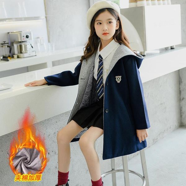 

girl's woolen coat winter 2020 new preppy style thick mid-length children's quilted wool coat children's clothing1, Blue;gray