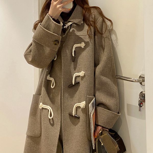 

long women's thickened woolen polyester cotton vintage turn-down collar winter coat women, Black