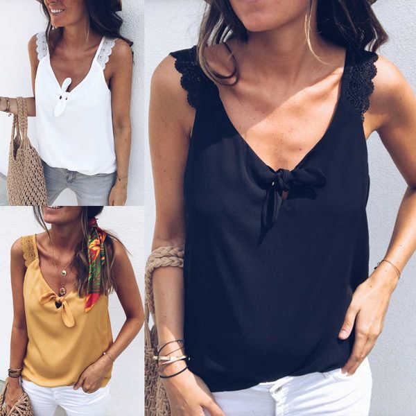 

women v-neck vest loose casual bow knot tank beach t-shirt summer blouse, White