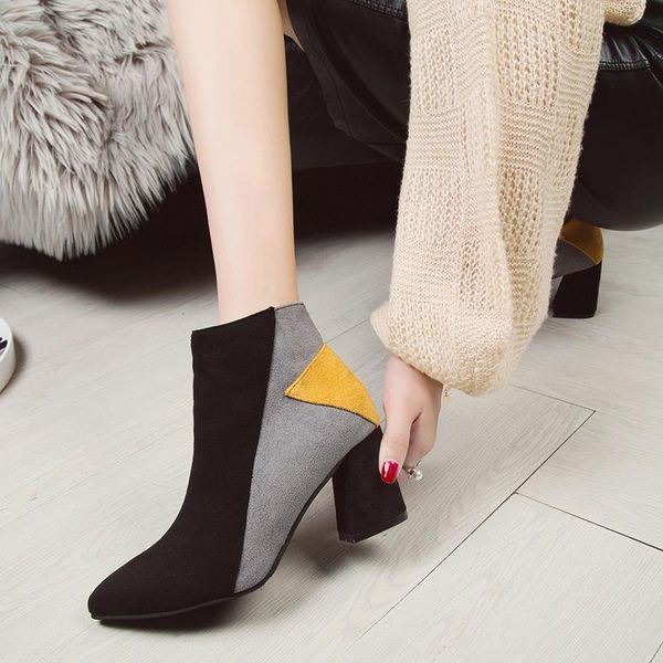 

boots women's fashion shoes color matching square high heels zipper suede booties pointed woman zapatos tacon mujer u22-10, Black