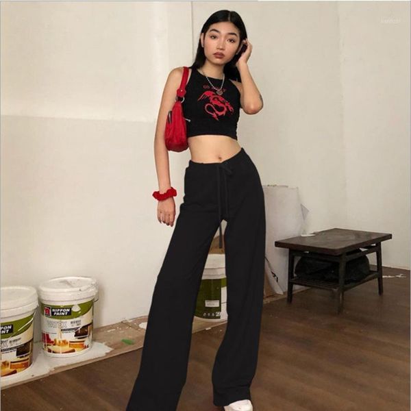

women wide legs pants drawstring embroidered jogger trousers spring autumn lady female solid color all-matched casual pants1, Black;white