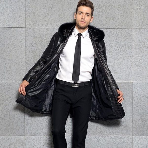 

brand mens winter fur collar hooded long down jacket business man genuine leather outwear coats zip warm windbreaker trench1, Black