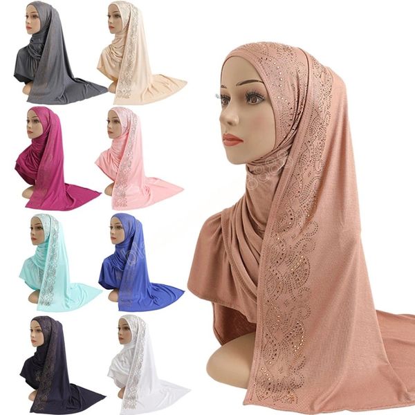 Sciarpa lunga in jersey di cotone con strass da donna musulmana Foulard con strass Hijab islamico Copricapo Pashmina solida araba malese