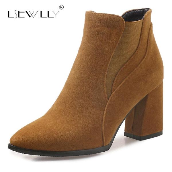 

boots lsewilly autumn winter women solid color ladies shoe suede thick high heel ankle plus size 32-47 s663, Black