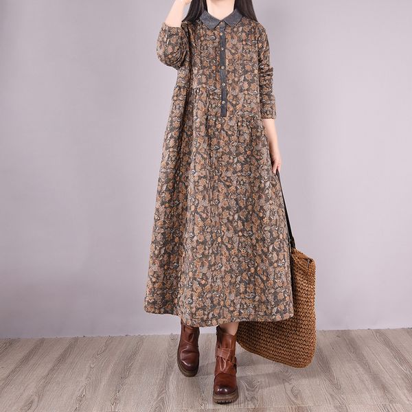 

2021 new women's dress autumn new winter padded round-rolled long lapel literary comfortable casual fashion dress-1 c2o3, Black;gray