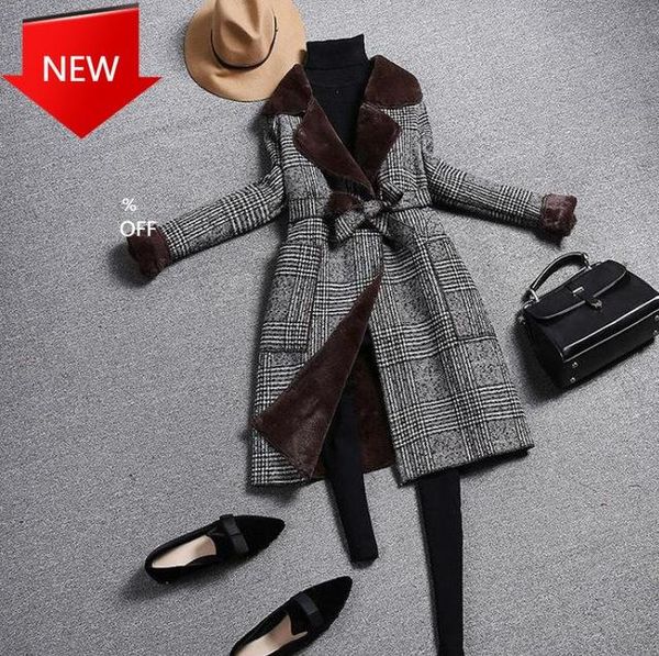 

wool coat ladies korean autumn winter warm faux wool liner outerwear women slim belt turndown collar coats fashion vintage, Black
