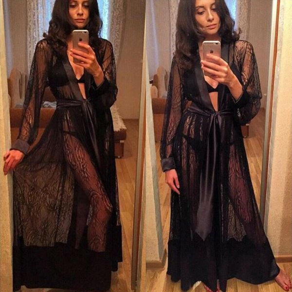 

women long lace kimono night robe female dressing gown bath robe babydoll lingerie nightdress sleepwear nightwear, Black;red