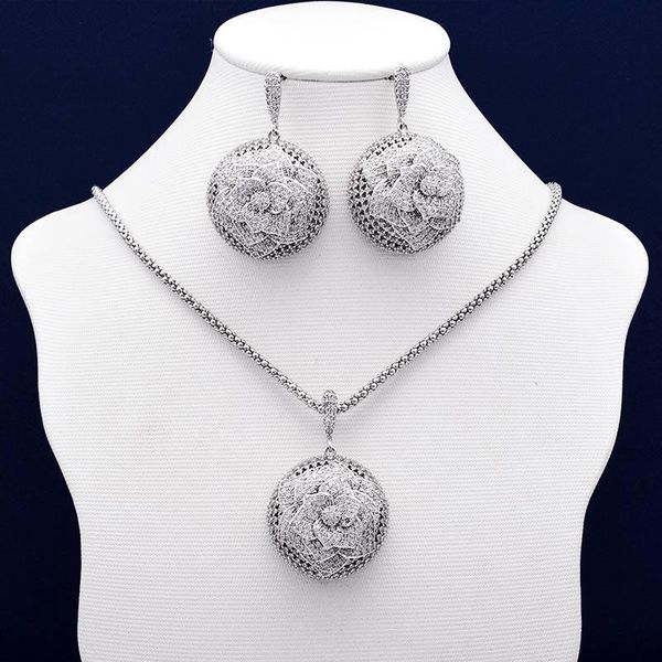 

elegant flower wheel full micro paved circle cubic zirconia women wedding engagement earring necklace jewelry set, Silver