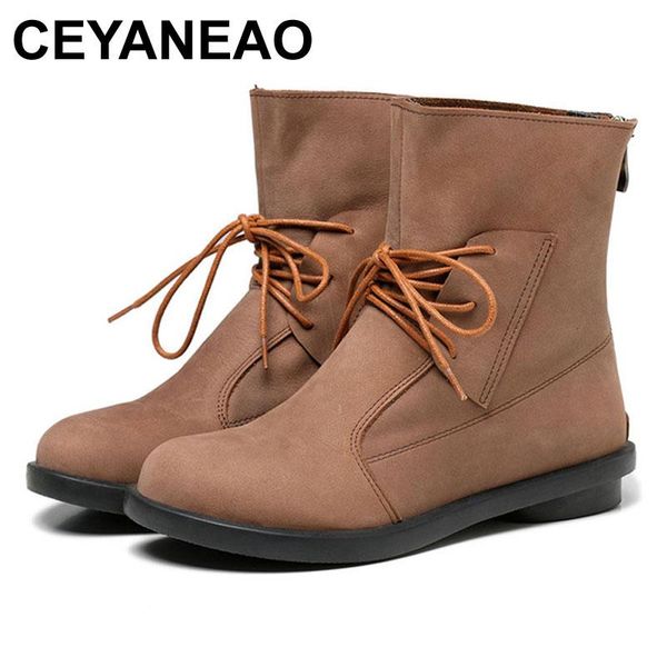 

ceyaneao women boots handmade shoes vintage genuine leather low-heeled x1503, Black