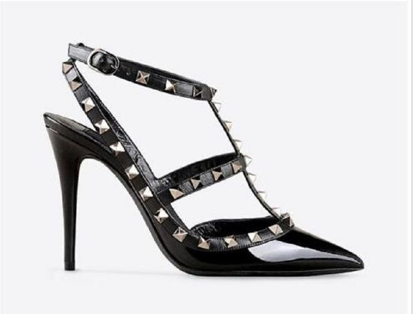 

designer pointed toe 2-strap with studs high heels patent leather rivets sandals women shoes valentine high heel shoes, Black