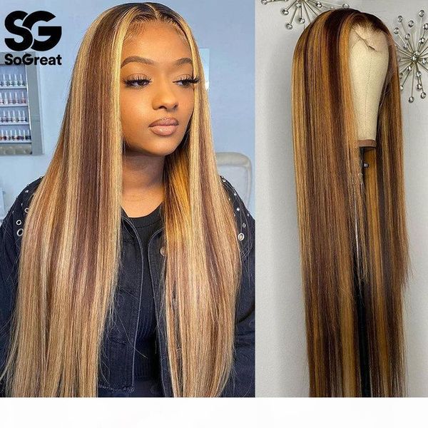 

highlight wigs lace front human hair ombre straight 28 30 inch wig brazilian 13x1 hd full frontal honey blonde lace front wigs, Black;brown