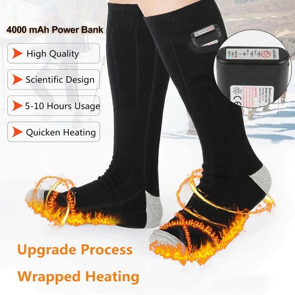 

upgrade electric heating socks rechargeable winter outdoor sports warmer thermal sock long cotton sock with power bank, Black