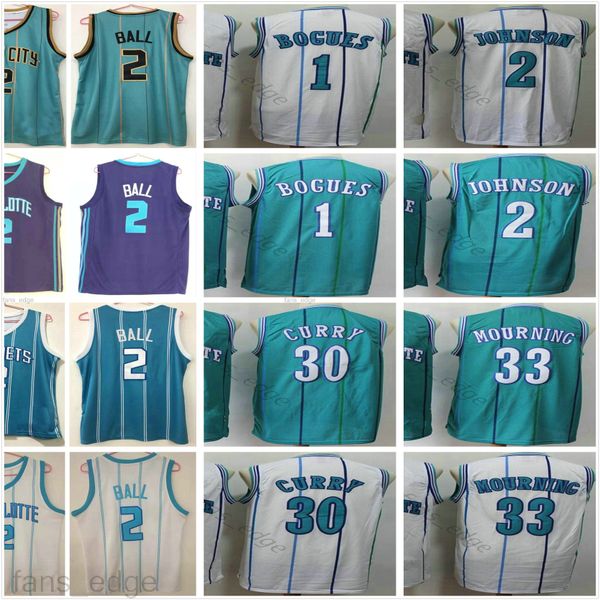 

mens #2 lamelo ball jersey retro muggsy 1 tyrone bogues 2 larry johnson 30 dell curry alonzo 33 mourning basketball jerseys, Black;red