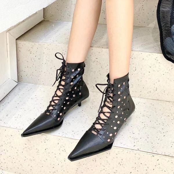 

women ankle boots summer sandals boots cross tied hollow lace up short pointed toe sock streth woman size 391, Black