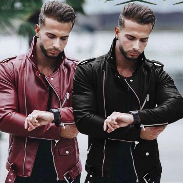 

2020 autumn & winter new korean loose plus size simple wine red lapel motorcycle leather slim men leather jacket ing, Black