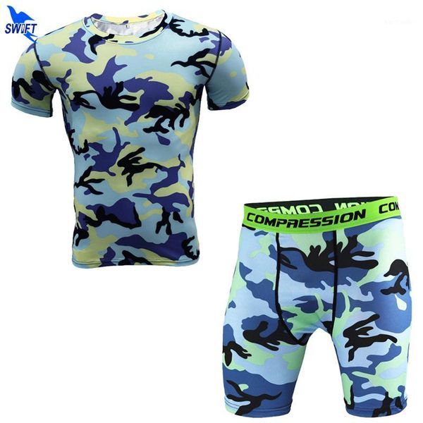 

running sets fitness men camouflage compression short sleeve t shirt + shorts quick dry bodybuilding tracksuit tights shirts1, Black;blue