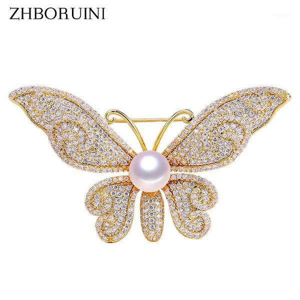 

other zhboruini natural freshwater pearl brooch zircon micro insert butterfly jewelry for women not fade1, Slivery;golden