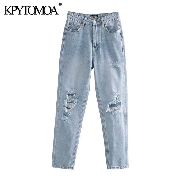 KPYTOMOA Kadınlar Chic Moda Yırtık Delik Yan Cepler Kot Vintage Yüksek Bel Fermuar Fly Denim Kadın Ayak Bileği Pantolon Mujer