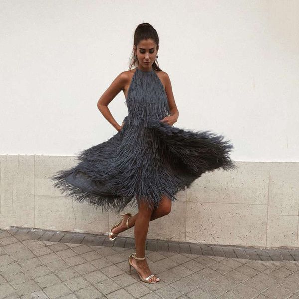 

open back necked tassel dress ins new women's wear, Black;gray