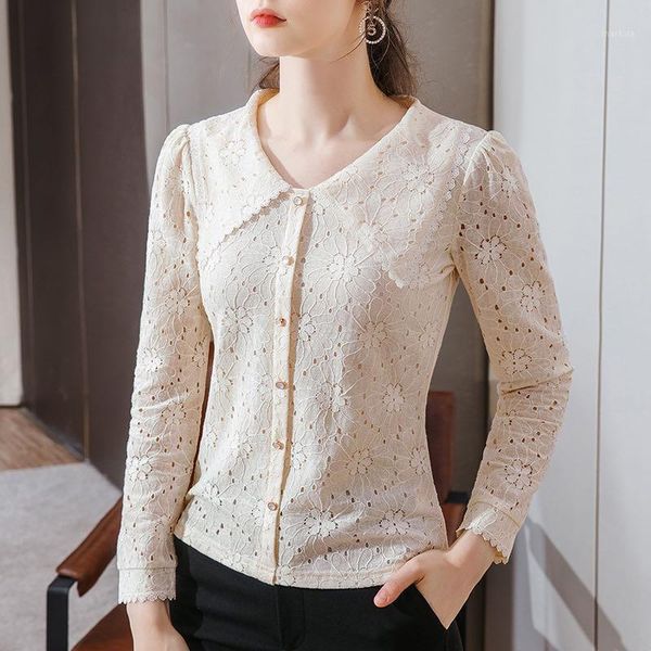 

fashion sweet lace shirt women's autumn 2020 new women's delicate hollow french retro large lapel women1, White