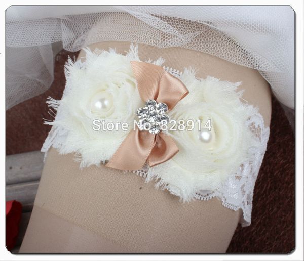 

ivory shabby chiffon flower wedding lace garter with rhinestones charm and ribbon bow handmade, Black;white