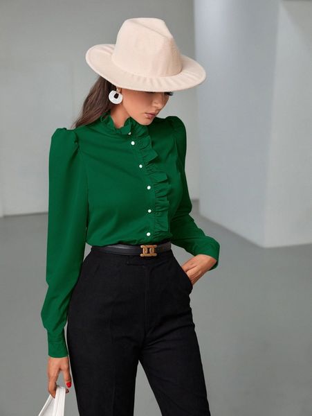 

ruffle trim puff sleeve blouse o1ec#, White