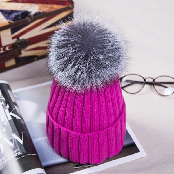 

beanie/skull caps mink and fur ball cap winter hat for women girl 's knitted beanies brand thick female, Blue;gray