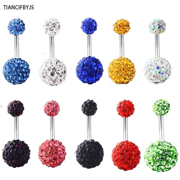 

tiancifbyjs surgical steel navel bar disco crystal ball belly button rings body jewelry 14g navel piercing 50pcs t200508, Silver