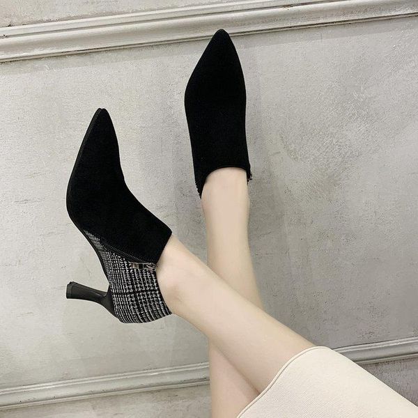 

boots women's high-heeled stiletto point plaid and replacement autumn fashion shoes versatile personality, Black